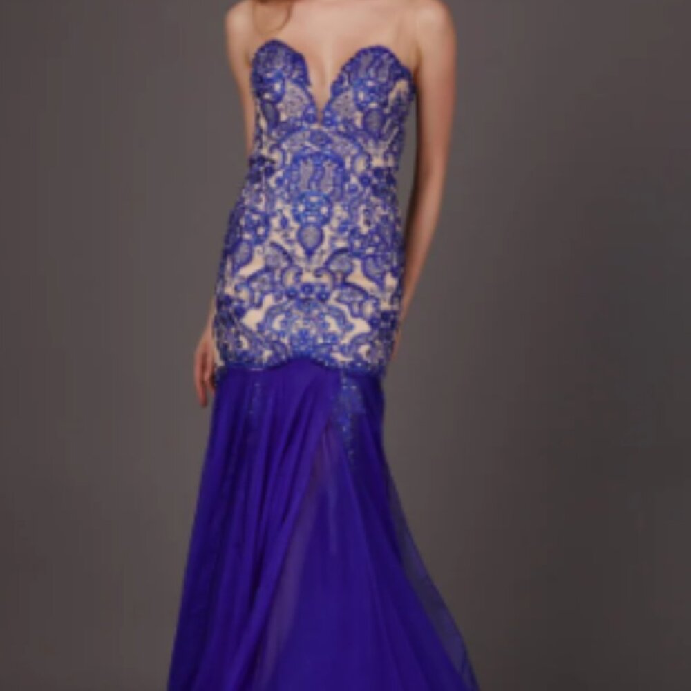 NWT Angela & Alison Beaded Fitted Evening Dress Prom Pageant Royal Blue Nude